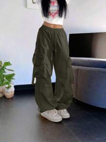 街头高腰翻盖口袋抽绳腰部弹性下摆褶饰休闲阔腿降落伞工装裤 - 軍綠色 - 查看 3