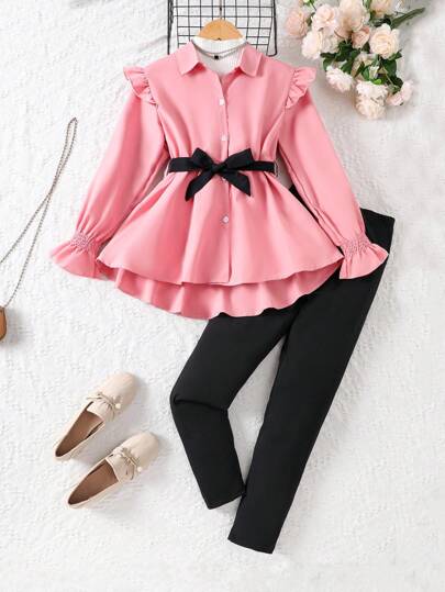 2pcs Tween Girl Ruffle Trim Jacket & Solid Pants Set - Adorable Bow Belt, Perfect For Party, Fall Fashion Outfit Gift