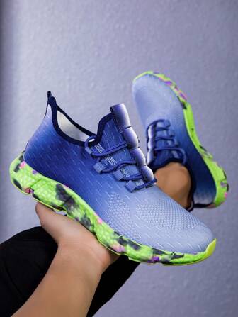 女士透气、舒适印花网眼系带运动鞋，适合派对、锻炼、散步、渐变设计