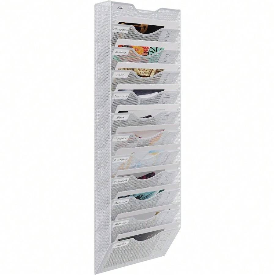 12 Tier A4 Mesh In Tray Wall Pocket File Holder Hanging Mail Organiser Magazine Storage Rack,White - White - View 1