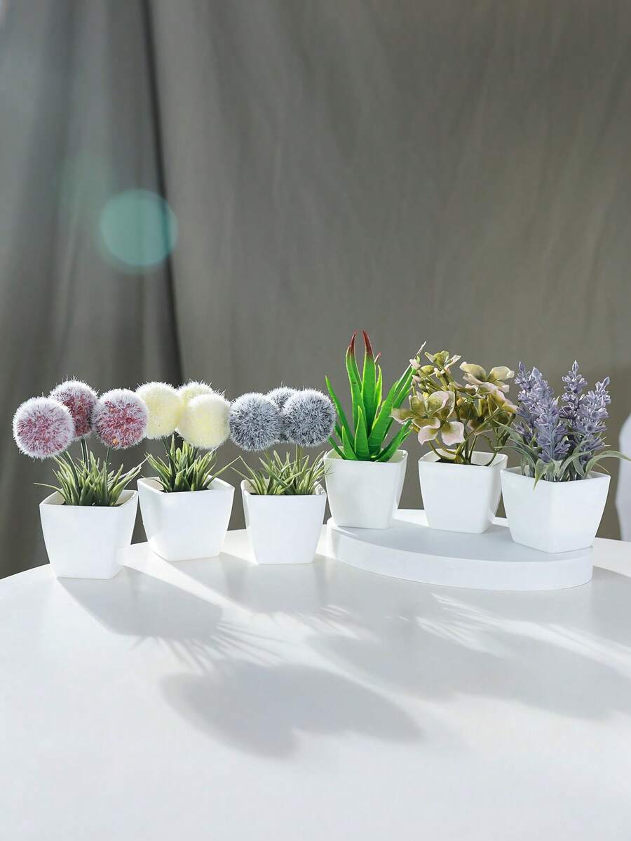 6pcs Artificial Mini Fur Ball Small Potted Plants - Suitable For Home Decor, Festival Atmosphere Desktop Decoration, Window Sill, Bathroom Decor Gifts Birthday Graduation,Garden Decor,Outdoor Plant,Gardening,Fake Flowers - Multicolor - View 1