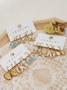 3 对女士金色海星贝壳耳环套装，14k 镀金时尚波西米亚海洋系列贝壳海星耳环套装，适合海滩度假佩戴、夏季珠宝、珠宝礼物 - 3pairs - 查看 7