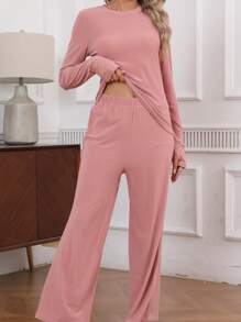 2 Pcs Pajama Set: Soft & Stretchy Milk Silk Women Home Suit, Comfortable Spring/Summer/Autumn Sleepwear, Two Pieces Set - Dusty Pink - View 1