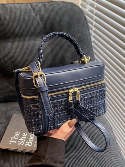 Autumn/Winter New Hard Side Shoulder Crossbody Handbag, Blue Fashion Box Bag Casual Makeup Tote Student Satchel