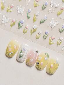 Tulip 5D Nails Stickers Spring Jelly Tulips Flower Butterfly Pink Blue Blossom Design Summer Nail Ornaments Nail Art Decorations