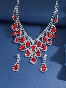 3pcs Geometric Rhinestone Water Drop Tassel Pendant Necklace & Earring Jewelry Set For Women