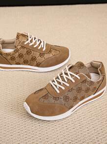 女士平底运动鞋，皮革鞋面，透气软底，轻便跑鞋，时尚百搭休闲运动鞋，四季皆宜 - 棕色 - 查看 9