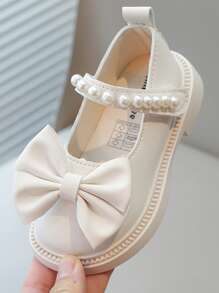 1 Pair Children Fashion Flat Shoes, Infant Toddler Princess Style Bow Decor Adorable Princess Shoes,White Faux Pearl Dance Shoes, Lightweight Non-Slip Breathable Indoor & Outdoor Casual Shoes - Beige - View 6