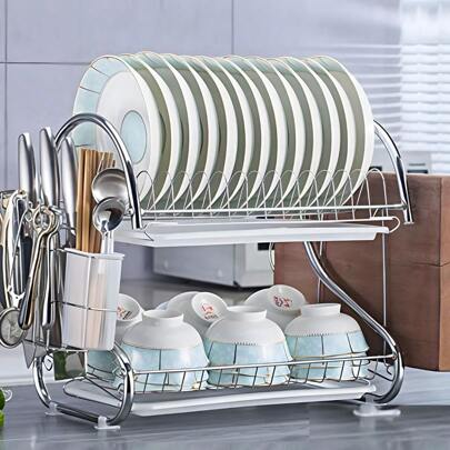 Escurreplatos Escurridor de Platos Estante Para Platos De Acero Inoxidable De 2 Niveles Estante De Secado Multifuncional En Forma De S