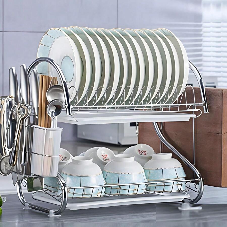 Escurreplatos Escurridor de Platos Estante Para Platos De Acero Inoxidable De 2 Niveles Estante De Secado Multifuncional En Forma De S - Gris - Ver 1