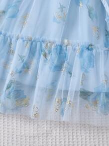 女童灯笼袖花卉网眼印花 A 字裙，可爱娃娃裙配斜挎包，夏季 - 藍色 - 查看 6