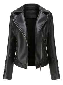 女士时尚编织皮夹克（配领带）、休闲仿皮夹克