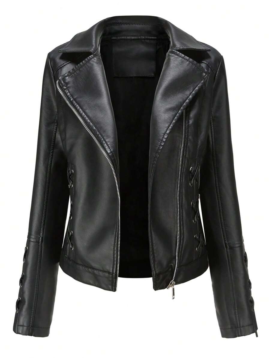 女士时尚编织皮夹克（配领带）、休闲仿皮夹克