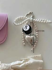 Black Number 8 Billiards Ball Heart Charm Elegant Silvery Heart & Faux Pearl Bow Pendant Y2K Accessories Bows