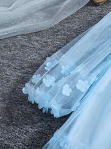 Girls Spring Mesh Patchwork 3D Flower Fashion Princess Dress With Crossbody Bag, 1 Set - Baby Blue - View 4