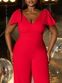 Faeriesty Plus Size Elegant Party Jumpsuit: Sleeveless Deep V-Neck With Bow Detail In Solid Color