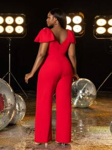 Faeriesty Plus Size Elegant Party Jumpsuit: Sleeveless Deep V-Neck With Bow Detail In Solid Color