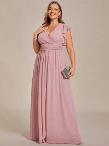 Plus Size V-Neck Solid Color Backless High Waist Ruched Pink Bridesmaid Dress, Suitable For Wedding And Autumn Wedding Guests - Pink - View 5