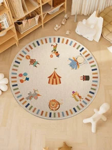 1 pieza Alfombra decorativa redonda, alfombra con estampado de animales de circo lindo, alfombra de fibra de poliéster suave, alfombra para decoración de dormitorio, alfombra para sala de estar, decoración de habitación, decoración de vacaciones - Multicolor - Ver 2