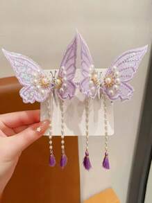 2 piezas Clip de pelo de mujer elegante y dulce con ala de mariposa, clip lateral con borla de perla falsa