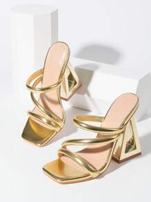 Metallic Gold Sexy Elegant Women Sandals Chunky High Heels Open Toe Design Fashion Dress Nightclub Bridal Party Shoes Woman - 金色 - 查看 4