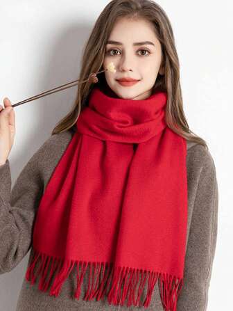 1 件女士小号 30*180cm 红色仿羊绒保暖、百搭流苏长围巾、简约、时尚、优雅、冬季、温暖、柔软围巾披肩适合日常外出、用餐、约会