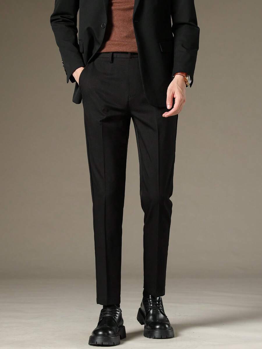 Men's Business Casual Trousers, Minimalist Comfortable Solid Color Tapered Suit Pants, Suitable For Office, Daily Wear, Formal And Casual Occasions - Black - View 1