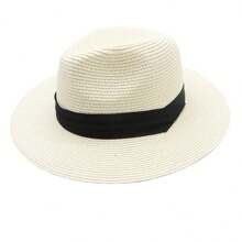 1pc Unisex Two Tone Boho Jazz Panama Sun Visor Beach Straw Hat - Khaki - View 5