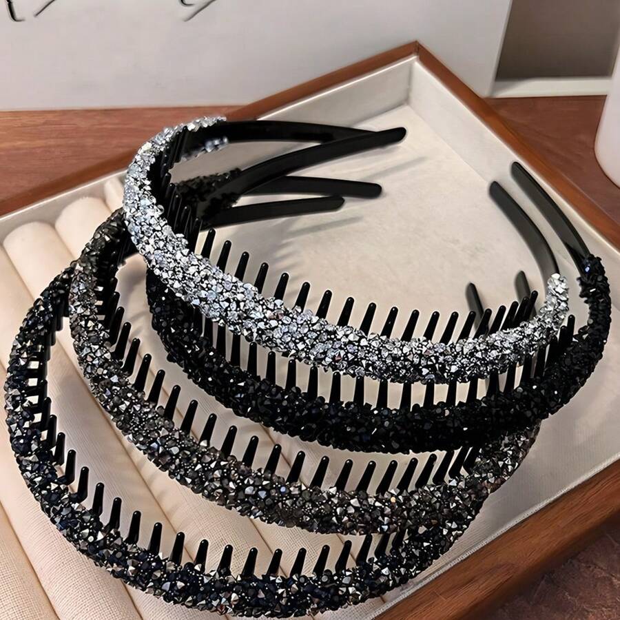 4件套时尚水晶发箍，女士防滑发圈梳子水晶发箍闪亮水钻发饰，发箍，发绳 - 彩色 - 查看 1