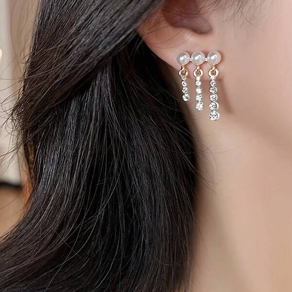 1 par de elegantes y exquisitos pendientes de lujo de mujer para eventos elegantes de alta gama con diseño geométrico de borlas, incrustación de vidrio y perla sintética