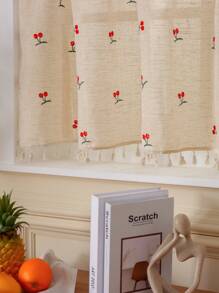 1 件复古樱桃刺绣流苏薄纱窗帘，轻质农舍风格咖啡厅窗帘，适用于厨房、客厅、办公室家居装饰 - 紅櫻桃 - 查看 7