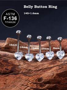 1pc 14G G23 Titanium Silver Heart CZ Belly Rings Curved Barbell Externally Threaded Belly Piercing Belly Jewelry Belly Button Ring Gift For Her 8mm 10mm 12mm 14mm 16mm