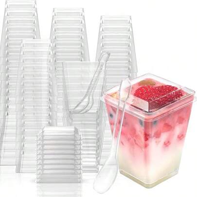 5oz Cup 25/50/100Pcs Square Plastic Cup Dessert Cups With Lids, Yogurt Parfait/Appetizer Cup With Lids For Party, Mini Dessert Cups With Spoons Dessert Shooter Cups For Pudding, Fruit And Ice Cream Wedding Party Gourmet Afternoon Tea Time
