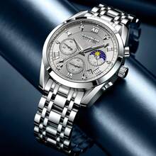 1pc GUANQIN Waterproof Luminous Watch With Rhinestones Calendar Dial Wear-Resistant Stainless Steel Strap Fashion Business Luxury Sporty Classic Simple Casual Mechanical Style Men Automatic Quartz Watch Suitable For Valentine's Day,Festivals,Dating,Business, Daily,Gifts - Silver - View 3