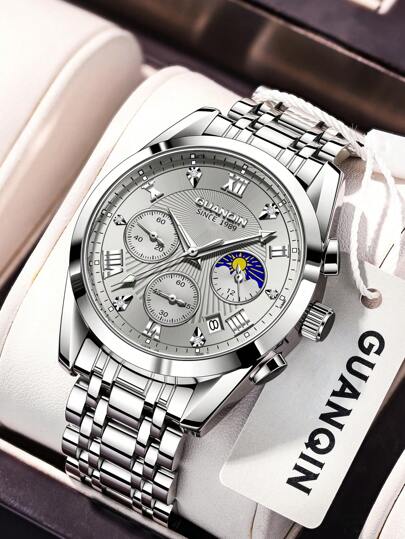 GUANQIN 1 Stück GUANQIN wasserdichte, leuchtende Chronographenuhr mit Mondphasenkalender-Zifferblatt, kratzfestem Edelstahlarmband, Business-Luxus-Sport-Klassisch-Einfach-Lässig-Mechanischer Stil, Automatik-Quarz-Uhr, geeignet für Valentinstag, Feiertage, Dates, Alltag, Geschenke