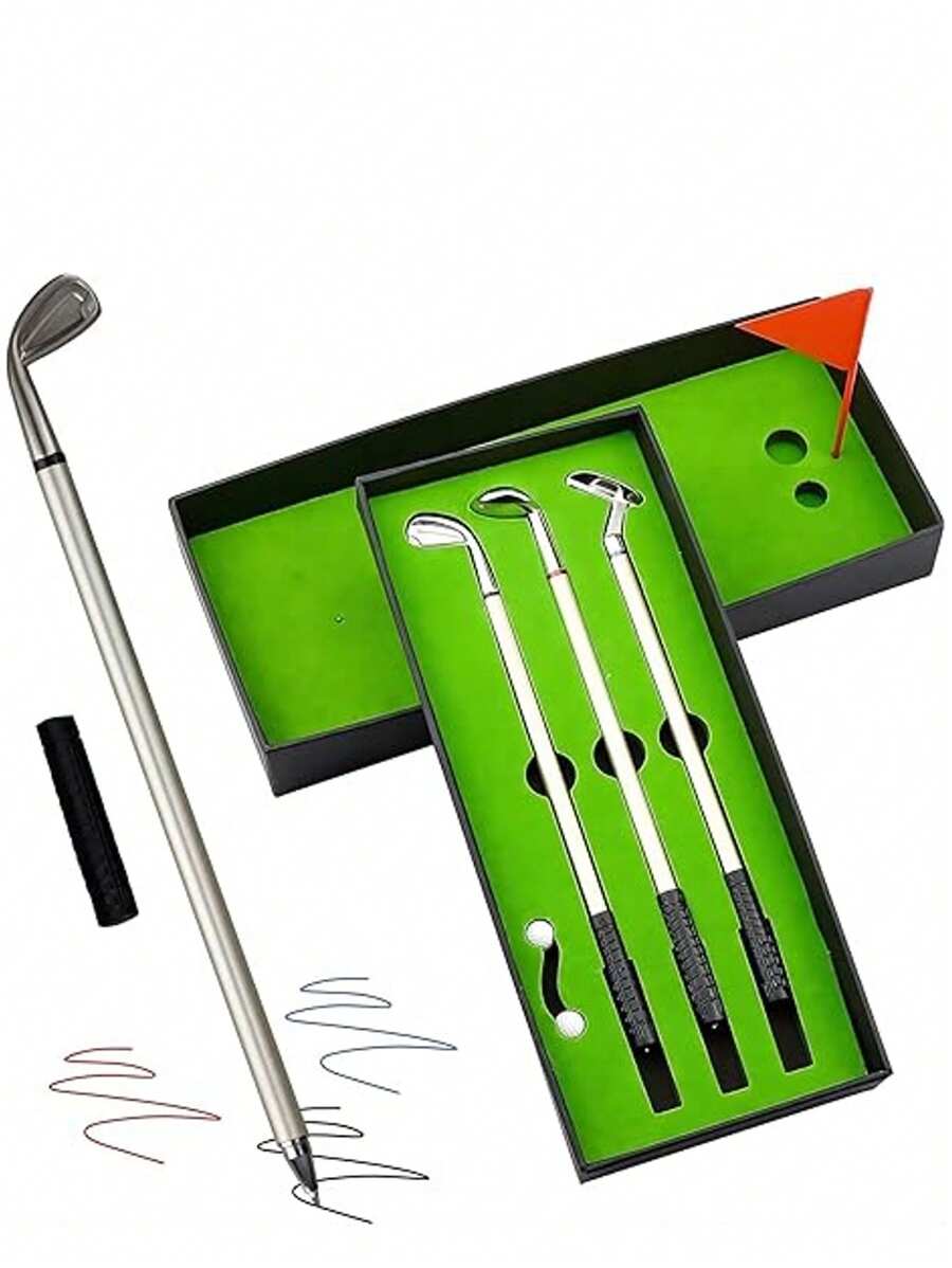 Mini Golf Club Putter And Ballpoint Pen Set In Golf Player's Gift Box, Desk Decor, School Supplies And Golf Accessories Combo