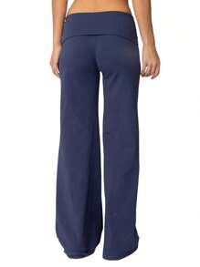 Women Fold Over Yoga Pants Low Rise Solid Color Stretch Casual Straight Wide Leg Palazzo Pants Loose Fit Comfy Flared Leggings Gym Lounge Pants Bootcut Bell Bottoms Baggy Sweatpants Teen Girl Back To School Bottoms Y2k Streetwear - 藍色 - 查看 2