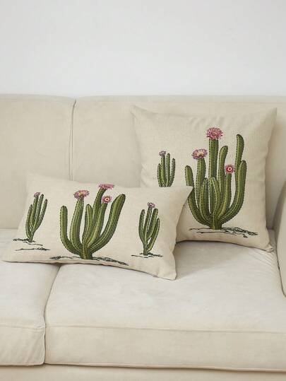 1 件仙人掌刺绣和花卉装饰抱枕套，适用于客厅、汽车、室内沙发，四季皆宜