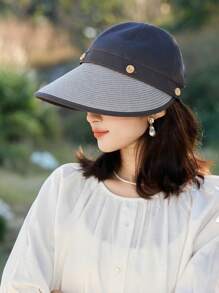 1pc Women's Summer Straw Buttoned Detachable Top Sun Hat, Minimalist Versatile Bucket Hat, Face-Shielding, Suitable For Daily Outing, Cycling, Vacation - A - View 8