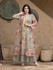 Women's Notched Collar Floral Print, Random Print, 2 In 1, Casual Long Sleeve Arabic Style Dress, Multi-Color, Modest Kaftan