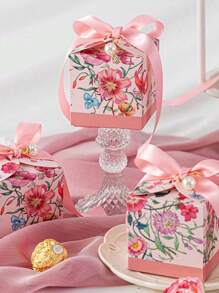 10pcs Hand Drawn Plant Flower Candy Box, Wedding Candy Box, Accompanying Gift Box, Wedding Candy Bag - Pink - View 1