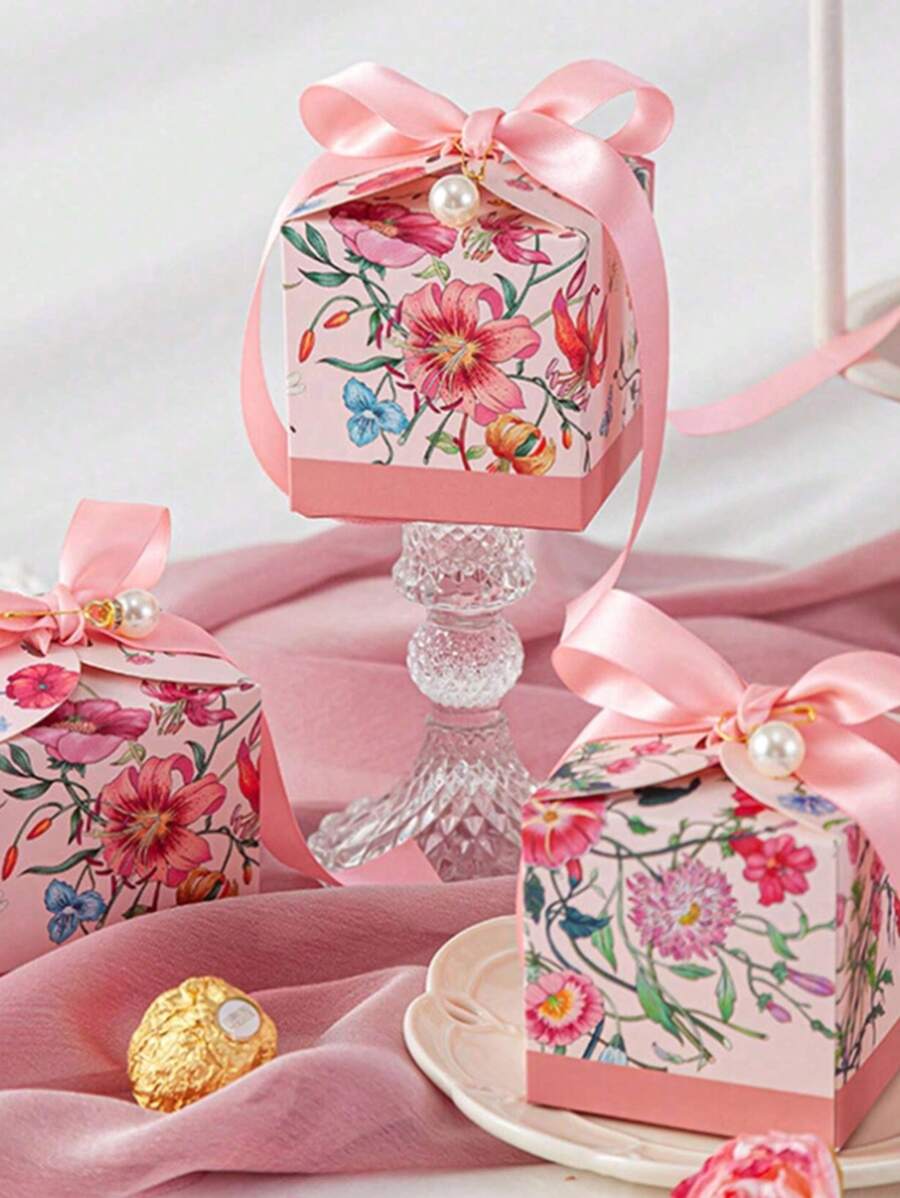 10pcs Hand Drawn Plant Flower Candy Box, Wedding Candy Box, Accompanying Gift Box, Wedding Candy Bag - Pink - View 1