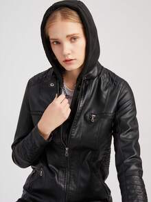 女式休闲连帽拉链皮夹克，带可拆卸兜帽，仿皮外套