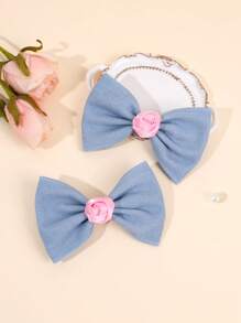 2 件装女童简约牛仔发夹粉红玫瑰蝴蝶结鳄鱼夹春假发夹简约可爱女童小辫蝴蝶结发夹儿童发饰