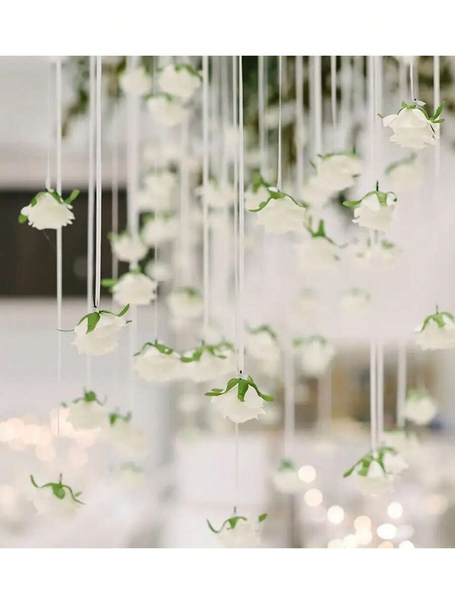 20pcs/Set White Rose Hanging Decor, Rose Waterfall Set, Includes 10pcs White Roses And 10 Rolls Of 500cm Long Ribbons, Suitable For DIY Wedding Decoration, Bridal Shower, Wedding Bouquet, Table Centerpiece And Ceiling Decor, Also Ideal For Bridal Gift, Party And Birthday - Multicolor - View 1