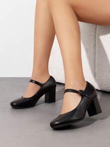 Women's Mary Janes Chunky Heel Pumps Round Toe Solid Color Comfortable Party Wedding Dress Shoes - 黑色 - 查看 4