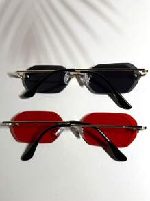 015835340007 2副男士超大红色六边形镜框复古全金属时尚眼镜，渐变色，适合街头、海滩、日常通勤，经典复古旅行者时尚眼镜（含挂绳和清洁布） - 1*金/灰+1*金/紅 - 查看 5