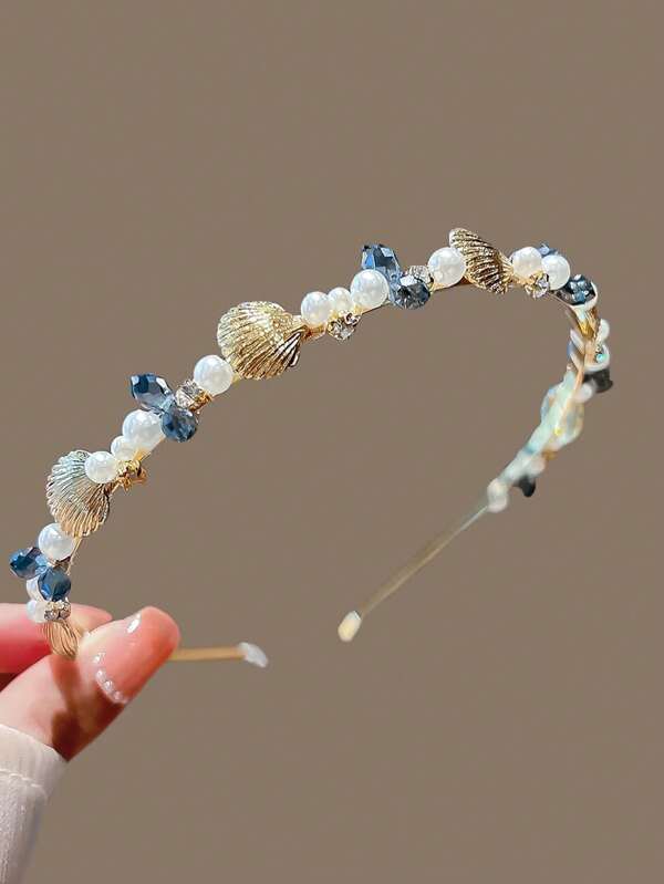 1pc Korean Elegant Fashion Elegant Pearl Rhinestone Shell Flower Headband, Suitable For Daily Wear