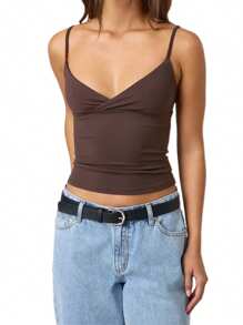 Women's Y2K Summer Cami Tops Sleeveless Open Back V Neck Solid Color Slim Fit Going Out Crop Tank Tops Streetwear Clubwear - Cà phê nâu - Xem 3