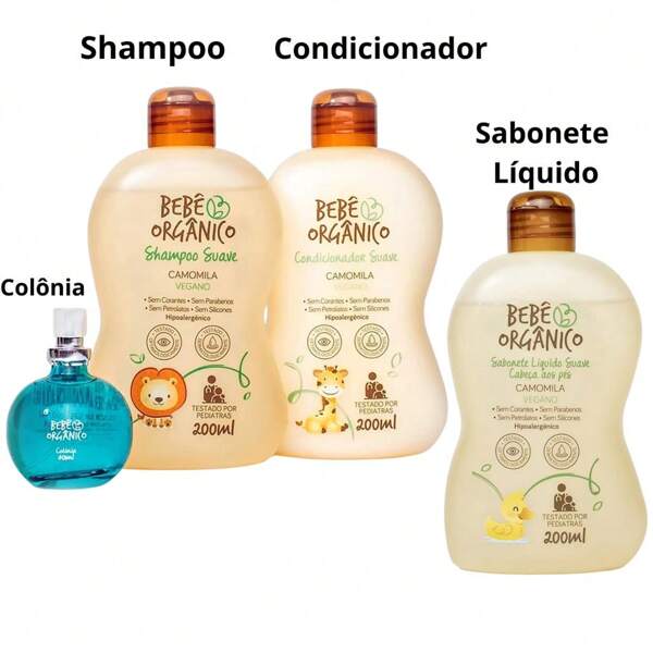 Kit Maternidade :Shampoo + Condicionador + Colônia Sem Álcool + Sabonete Líquido. Cuidado Natural Bebê - 630ml @